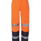 Orange hi-vis work pants with reflective stripes and black sections near the ankles.