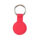 Red silicone keychain holder with a round shape and a metal ring at the top.