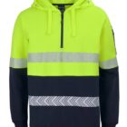 Neon yellow and black hoodie with reflective chevron stripes and a front half-zip.