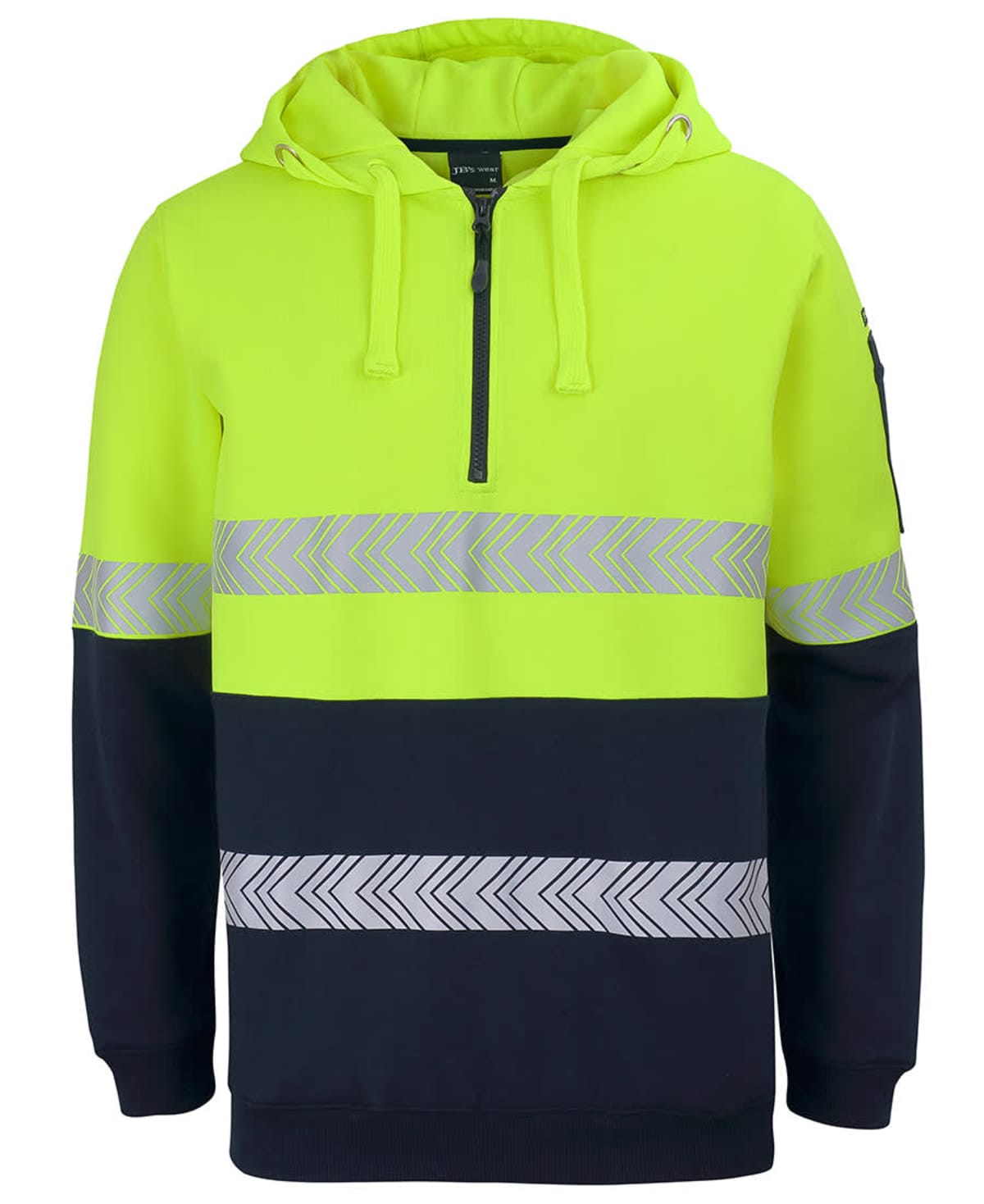 Neon yellow and black hoodie with reflective chevron stripes and a front half-zip.