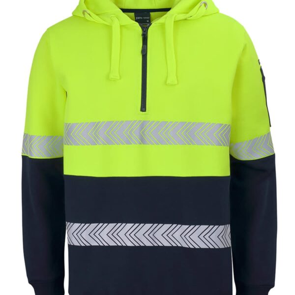 Yellow and black hoodie with reflective chevron stripes and a half-zip front.