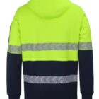 Back view of a yellow and black hoodie with reflective chevron stripes.