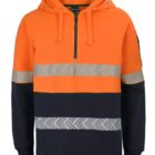 Orange and navy hoodie with reflective chevron stripes and a front half-zip.