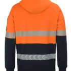Orange and navy hoodie with reflective chevron stripes across the back and sleeves.