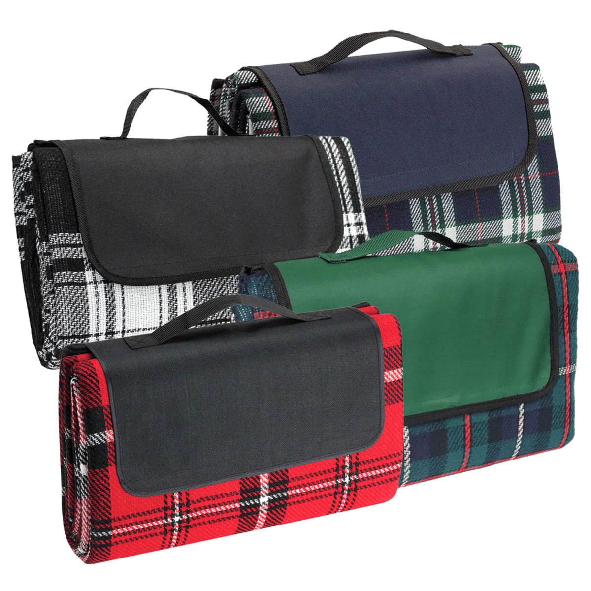 Folded plaid picnic blankets with handles in black, navy, green, and red.