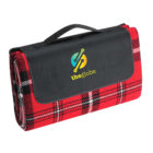 Folded red plaid picnic blanket with a black handle and the theglobe logo.