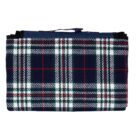 Folded tartan-patterned picnic blanket with a handle.