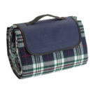 Folded tartan picnic blanket with a navy flap and carrying handle.