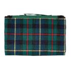 A folded picnic blanket with a green and red tartan pattern.