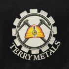 Logo with crossed hammers, yellow hardhat, gear, and Terry Metals text on a dark background.