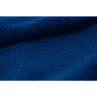 Close-up of blue, textured mesh fabric with small holes.