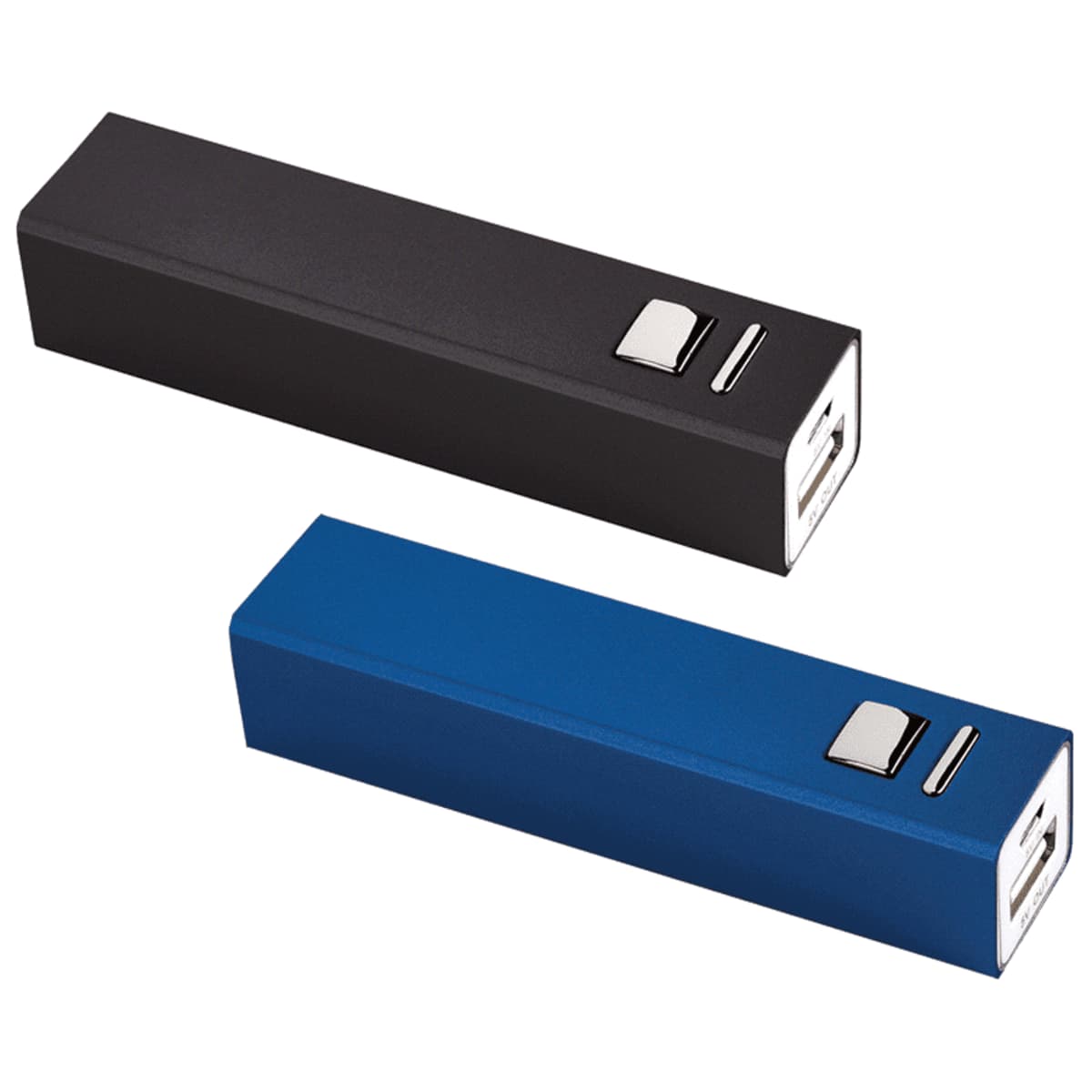 Two rectangular portable power banks are shown, one in black and one in blue. Each has a USB port and metal button on one side. The design is simple and compact, suitable for easy carrying.