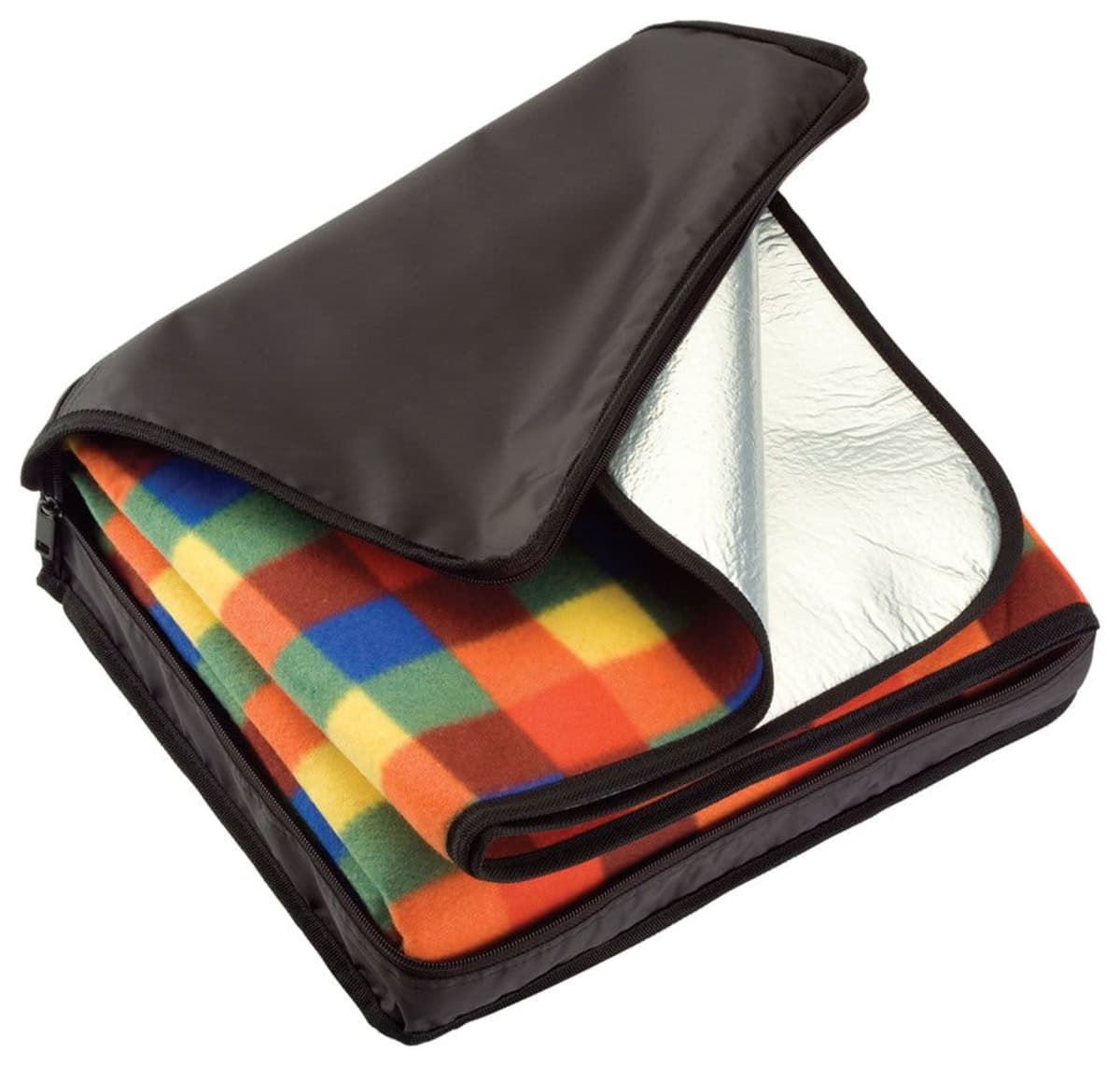 Folded multicolored picnic blanket with a reflective backing.