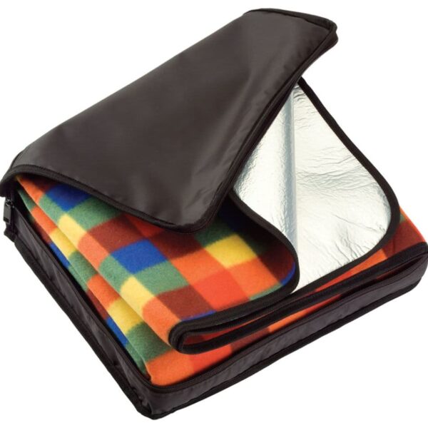 Folded multicolored checkered blanket with silver waterproof backing.
