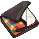 Folded multicolored checkered blanket with black case and reflective silver backing.