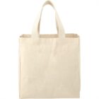 Plain beige reusable canvas tote bag with two handles.