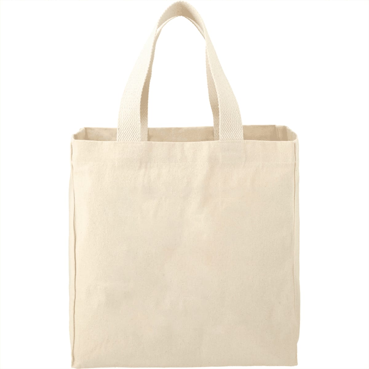 Plain beige reusable canvas tote bag with two handles.