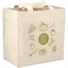 Beige grocery tote bag with green vegetable illustrations and RUFUS FOODS text.