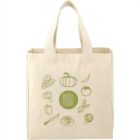 Canvas tote bag with green vegetable illustrations and RUFUS FOODS text.