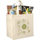 Canvas tote bag filled with groceries and Rufus Foods logo.