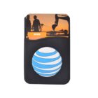 Cardholder with blue circle graphic, shows miners and excavator at sunset above pocket.