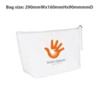 A white zippered pouch with a minimalist design featuring an orange handprint and gray text that reads lorem ipsum dolor sit amet. The bag dimensions are shown above as 290mm Wx160mm Hx90mm D.