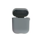 Open gray earbud case with a lid raised, on a white background.