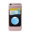 Phone with a card holder containing a card and currency note, featuring a globe design.