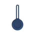 Blue circular silicone holder with a long loop handle on a white background.