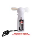 Handheld mini fan with battery compartment open, showing AAA batteries not included.