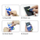 Step-by-step guide to applying a phone grip. Image 1: Peel off the sticker. Image 2: Clean the phone surface. Image 3: Stick the grip onto the phone. Image 4: The grip is securely attached.