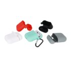 Five colorful AirPods cases, one with a carabiner attached.