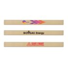 Three wooden carpenter pencils are displayed horizontally. The top pencil has a colorful leaf logo and La Luna text, the middle pencil reads BIOGAS Energy in black, and the bottom pencil shows EAST COAST CONSTRUCTION in red with a triangle logo.