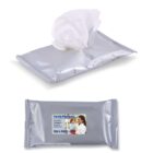 Two packs of antibacterial wet wipes. The top pack is open with a wipe partially pulled out. The bottom pack, closed, has a label with a caregiver and child. The packaging is metallic silver.