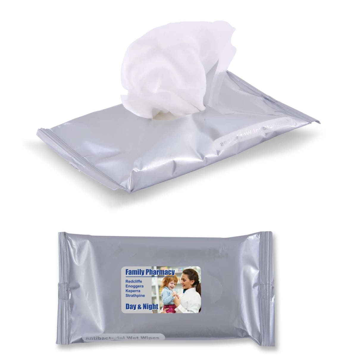 Two packs of antibacterial wet wipes. The top pack is open with a wipe partially pulled out. The bottom pack, closed, has a label with a caregiver and child. The packaging is metallic silver.