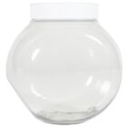 A clear, empty glass jar with a wide, rounded body and a white lid. The jar has a reflective surface and is set against a plain white background.