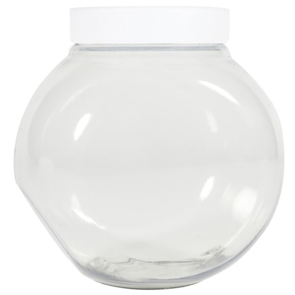 A clear, round glass jar with a wide body and white lid, set against a plain white background. The jar is empty, showcasing its transparent nature and simple design.