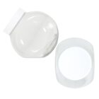 Two transparent, empty plastic containers with white lids. One container is shown from the side, the other from the top. The containers are cylindrical with a slightly flattened shape.