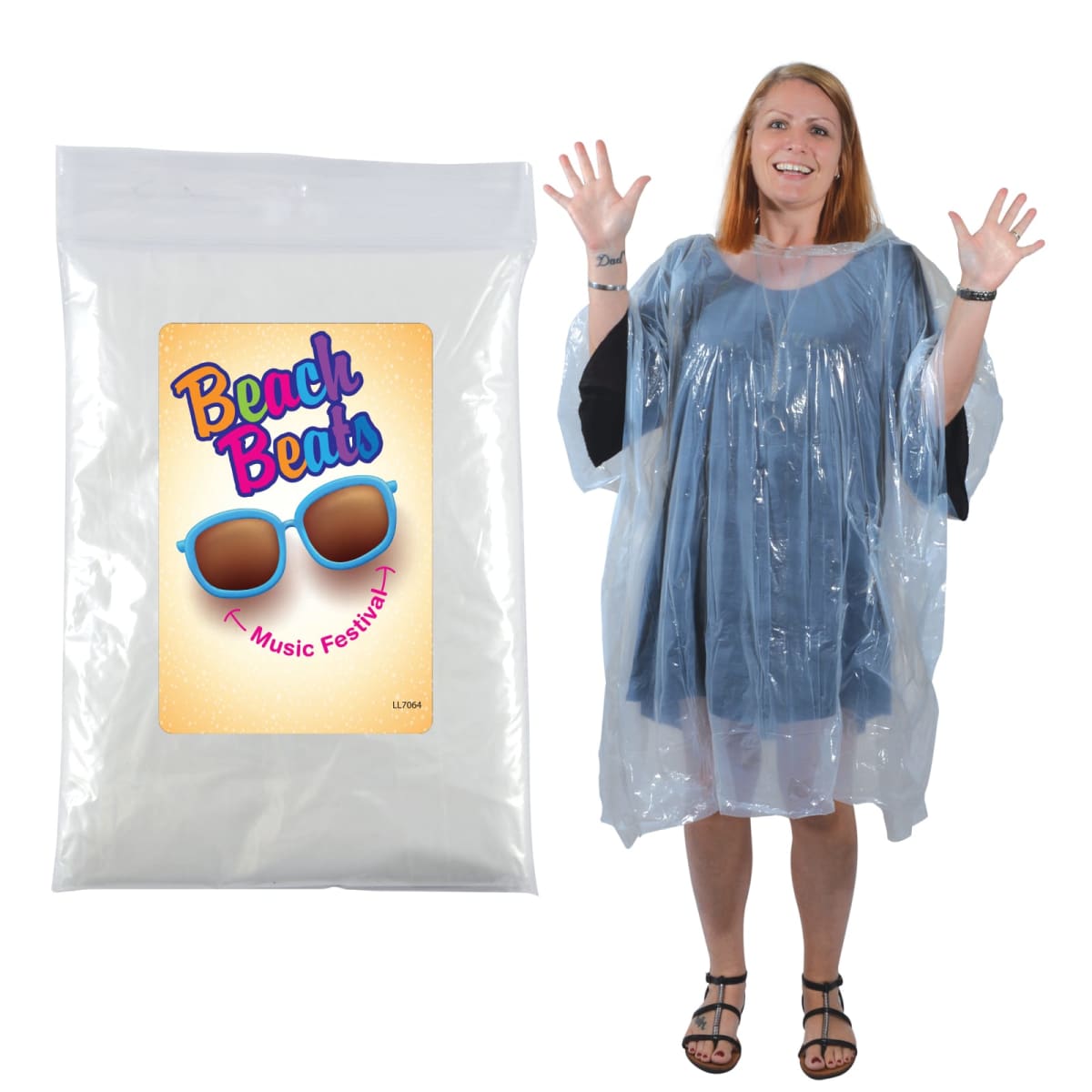 A smiling woman stands in a clear plastic poncho with her hands raised. Beside her is packaging labeled Beach Beats Music Festival showing sunglasses. She wears a blue dress and sandals.