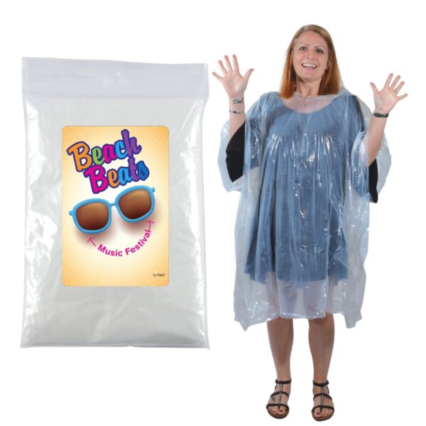 A person wearing a transparent plastic poncho stands with their arms raised. Next to them is a package labeled Beach Beats Music Festival featuring colorful sunglasses. Theyre dressed in a blue dress and sandals.