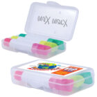 Two plastic cases containing colorful erasers, one opened and one closed.