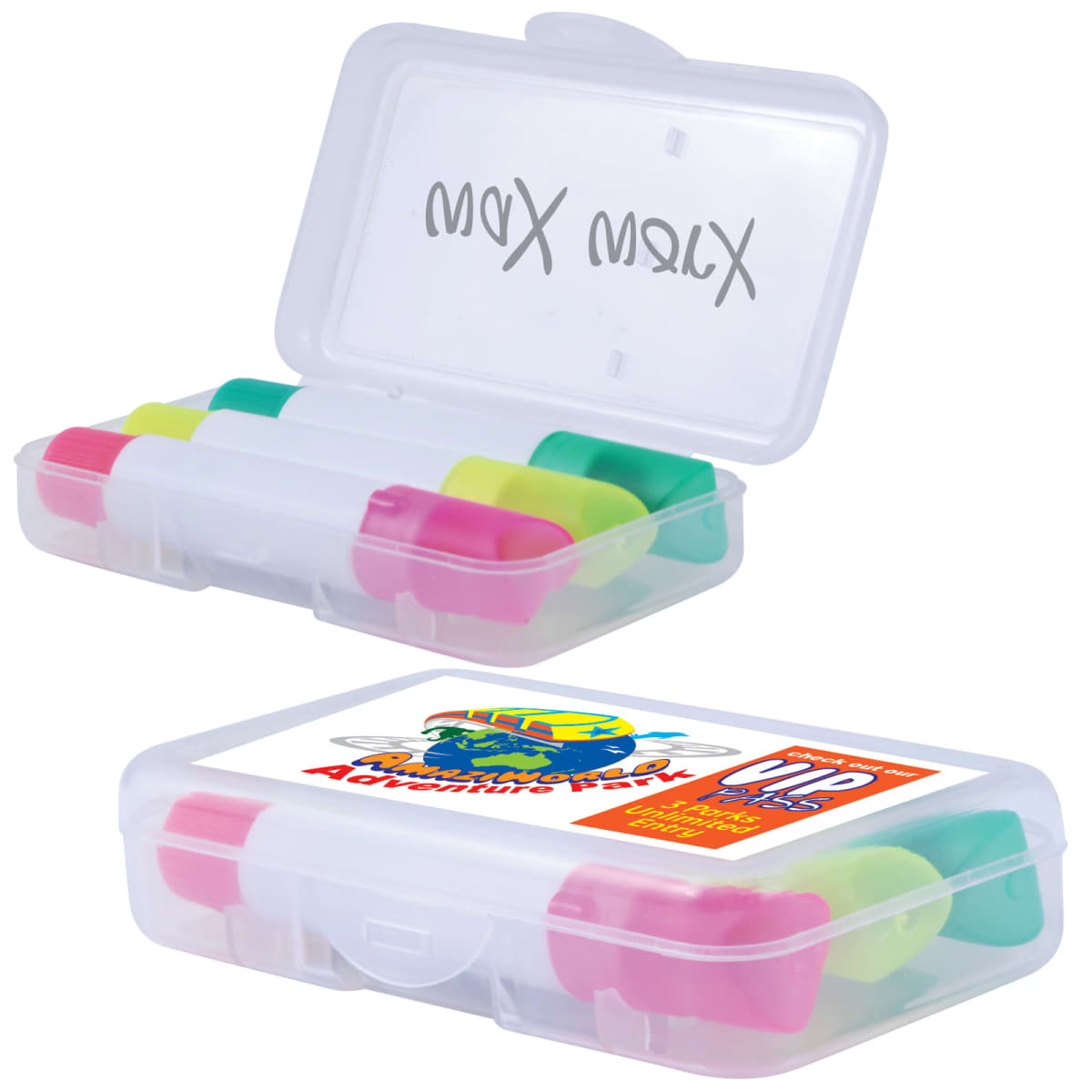 Two plastic cases containing colorful erasers, one opened and one closed.