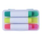 Three colored markers (green, yellow, pink) in a clear plastic case on a white background.