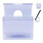 Clear plastic card holder with circular cutout and pen holder attachment, viewed from above.