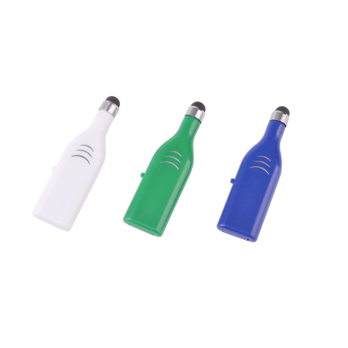 Three stylus pens in white, green, and blue on a white background.