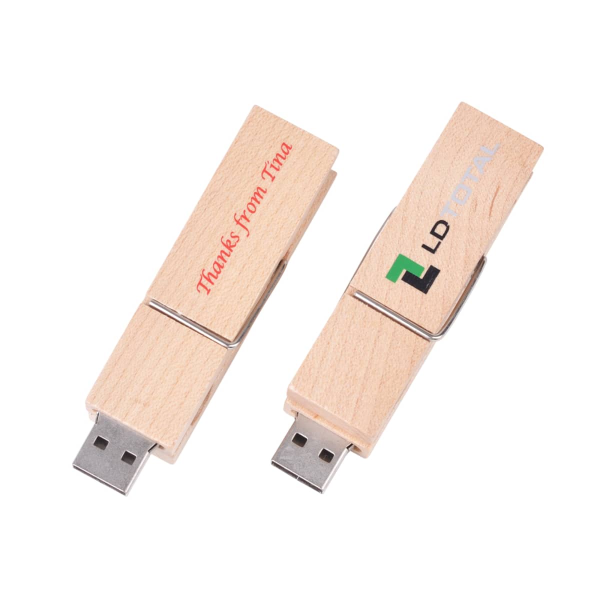 Two wooden USB drives, one with Thanks from Tina and the other with LD Total logo.