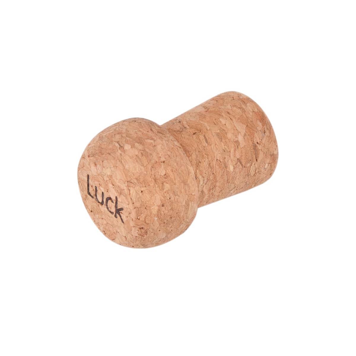 Cork with Luck written on it, isolated on a white background.