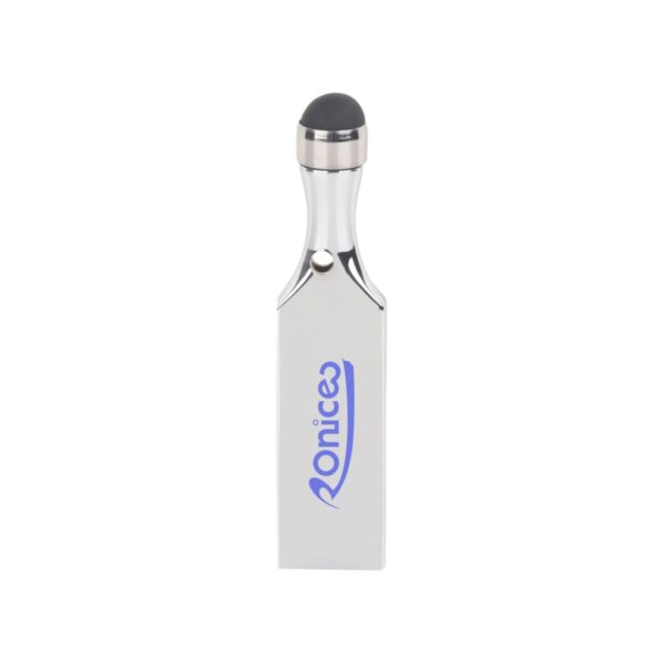 Silver and black stylus with a brand logo.