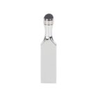 Silver metal tool with a flat handle and a rounded black end.