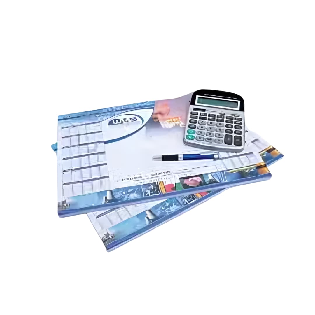Calculator, pen, and documents stacked on a white surface.